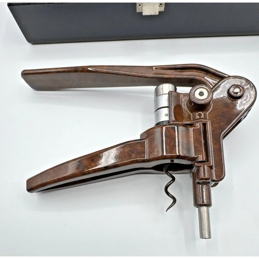 Vintage Screwpull LM-200 Lever Wine Opener Set Faux Burl Wood Le Creuset
